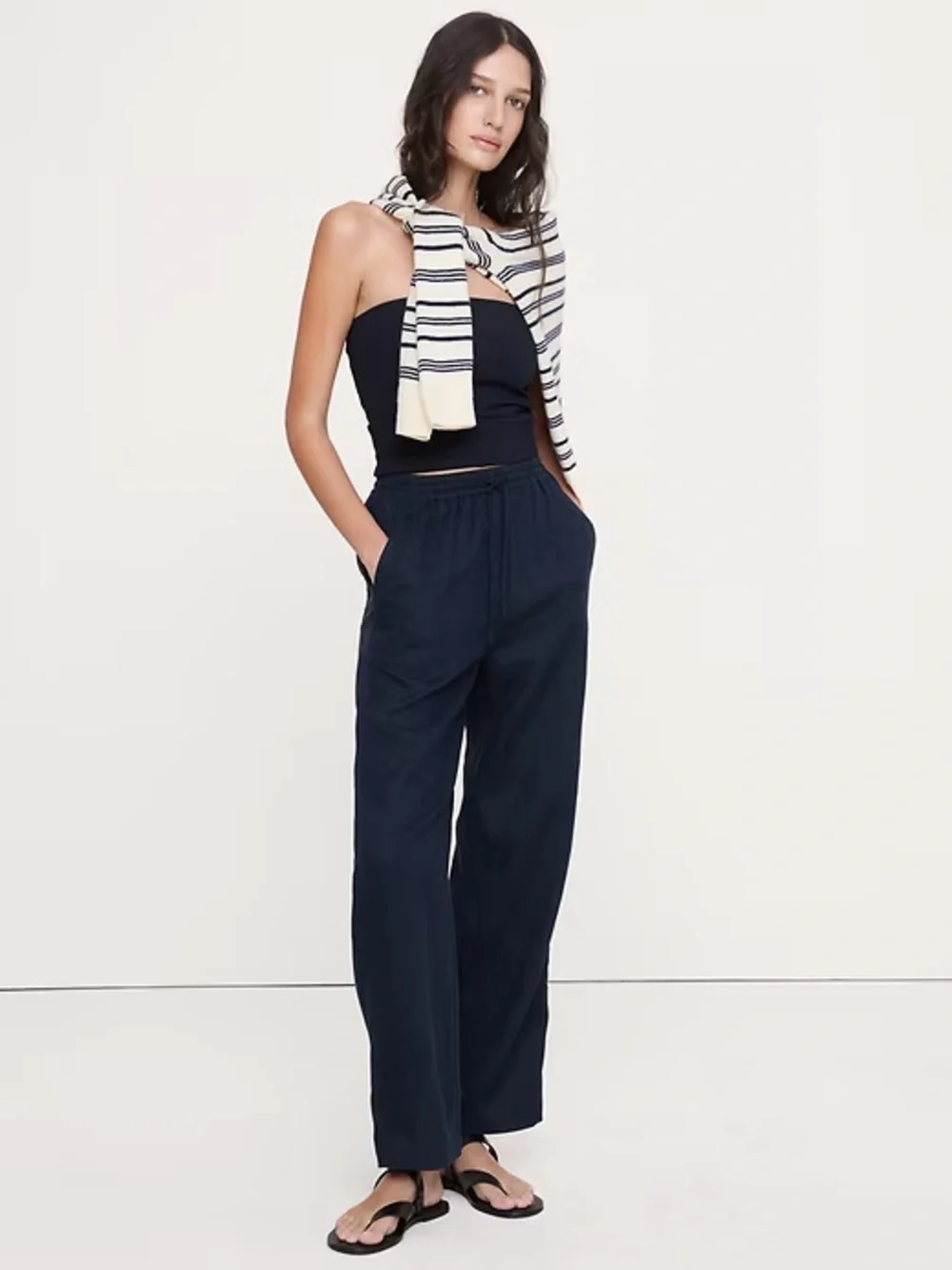 NWT! BANANA REPUBLIC NAVY THE GETAWAY STRAIGHT-LEG PULL-ON PANT IN LINEN 🖥️4️⃣
